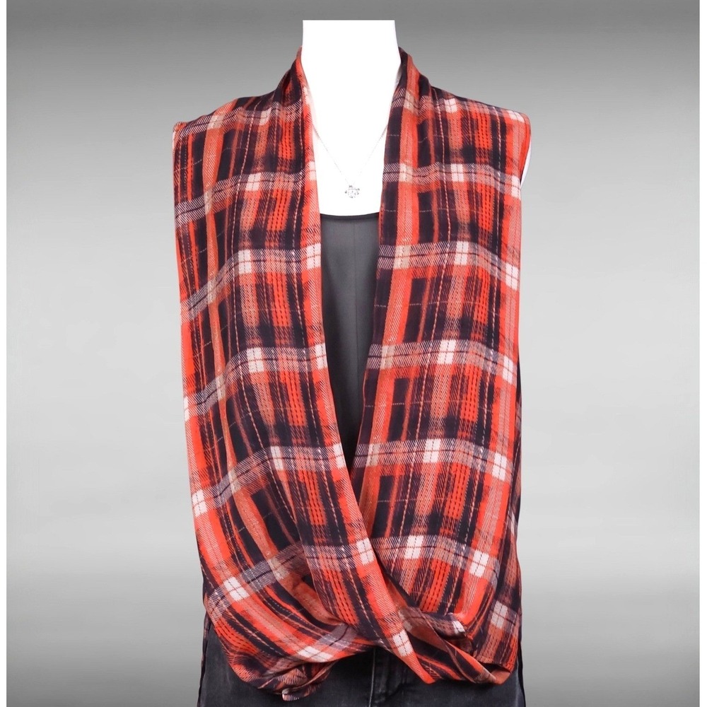 Whimsigoth Grunge‎ Plaid Cowl Neck Draped Vest Sheer Back Layering Top Womens M